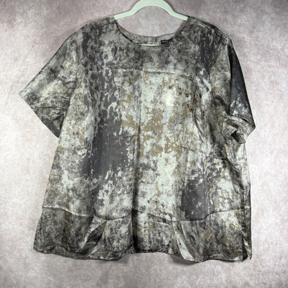 Eileen Fisher Top Womens 3X‎ Mocha Tidewater Printed Silk Round Neck Lightweight